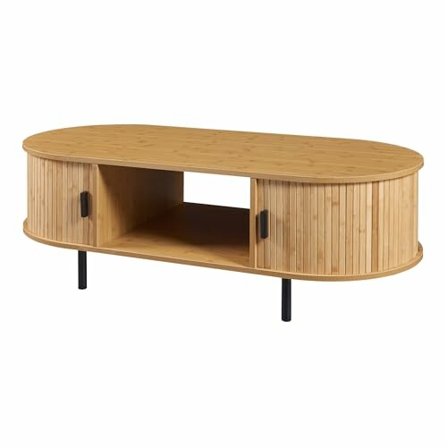 Table basse ovale en bois avec rangement.