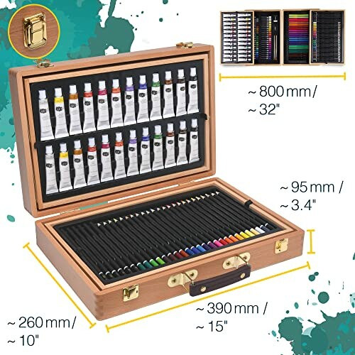 Coffret en bois avec des tubes de peinture et des crayons de couleur.