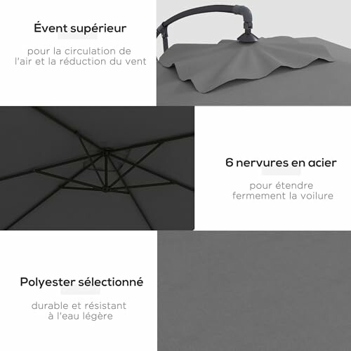 Parasol avec évent supérieur, 6 nervures en acier, tissu polyester.