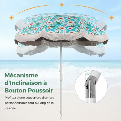 Parasol de plage avec mécanisme d'inclinaison à bouton poussoir.