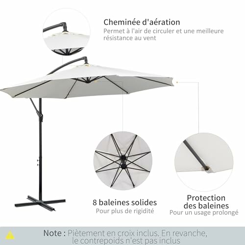 Parasol déporté avec cheminée d'aération et baleines solides.