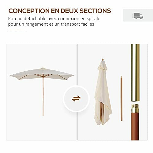 Parasol avec poteau détachable pour rangement facile.