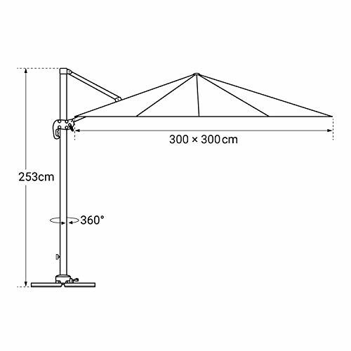 Diagramme des dimensions d'un parasol avec support rotatif.