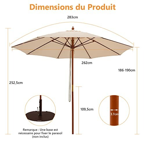 Dimensions d'un parasol beige avec mât central et instructions de base.