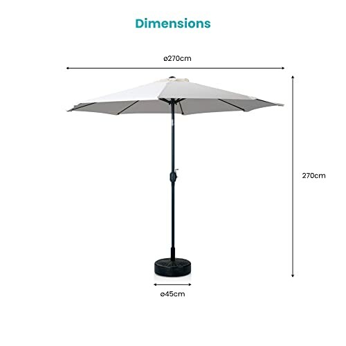 Parasol avec dimensions indiquées, 270 cm de hauteur et 270 cm de diamètre.