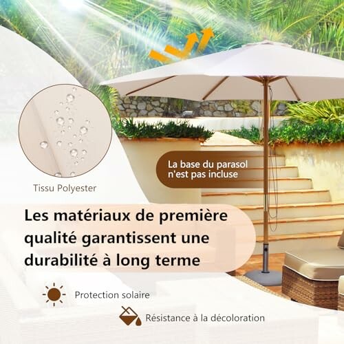 Parasol extérieur avec tissu polyester résistant aux UV.