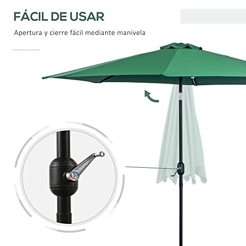 Parasol vert avec manivelle pour ouverture facile.