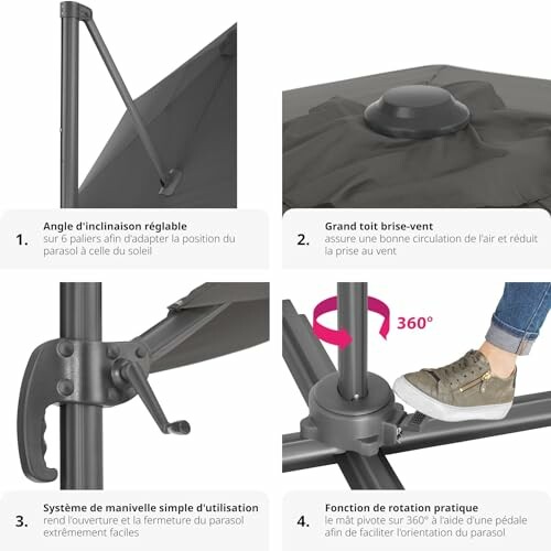 Caractéristiques du parasol avec inclinaison réglable, toit brise-vent, manivelle et rotation pratique.