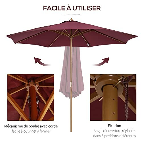 Parasol rouge avec mécanisme de poulie et fixation réglable.