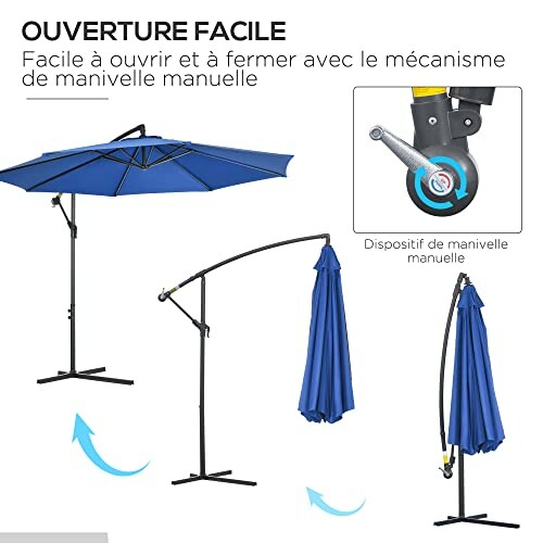 Parasol bleu avec mécanisme de manivelle manuelle.