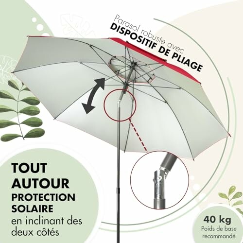 Parasol avec dispositif de pliage robuste et protection solaire.