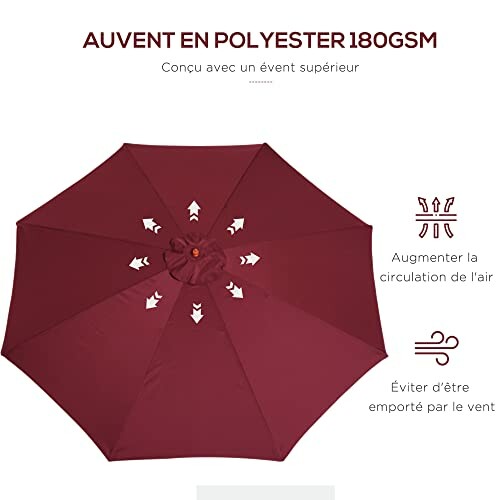 Parasol rouge en polyester avec fonctionnalités anti-vent.