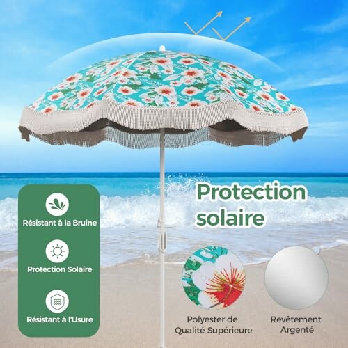 Parasol floral sur la plage avec protection solaire.