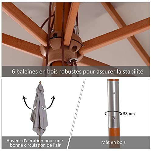 Structure en bois d'un parasol avec détails techniques.