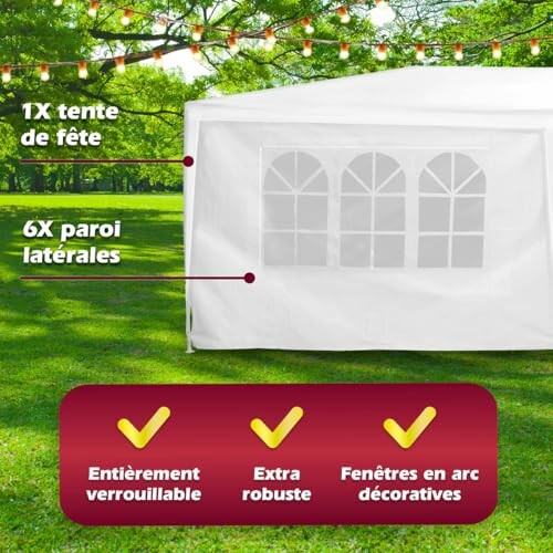 Tente de fête blanche avec parois latérales et fenêtres décoratives.