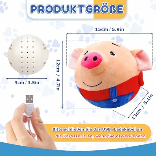 Jouet peluche cochon avec dimensions et câble USB.