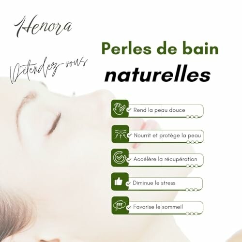 Publicité pour des perles de bain naturelles avec bienfaits listés.