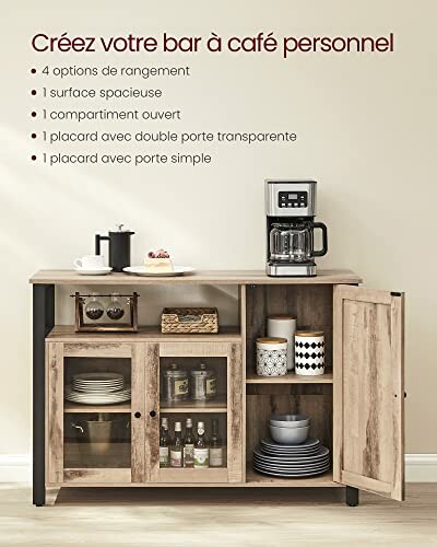 Buffet en bois avec machine à café et accessoires.