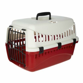 Caisse de transport pour animaux de compagnie rouge et blanche.