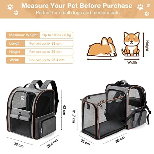 Guide de dimensions pour sac de transport pour animaux.