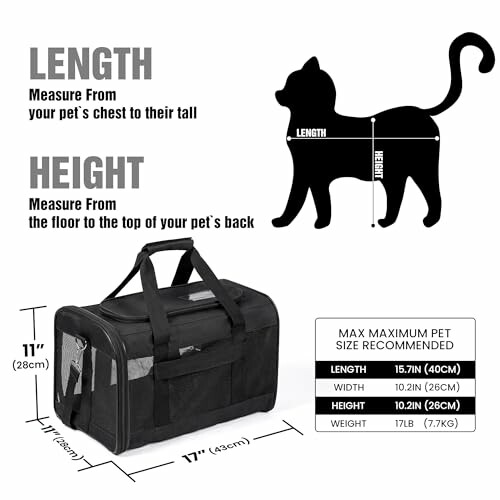 Guide de taille pour transporter un animal avec dimensions et illustration d'un chat