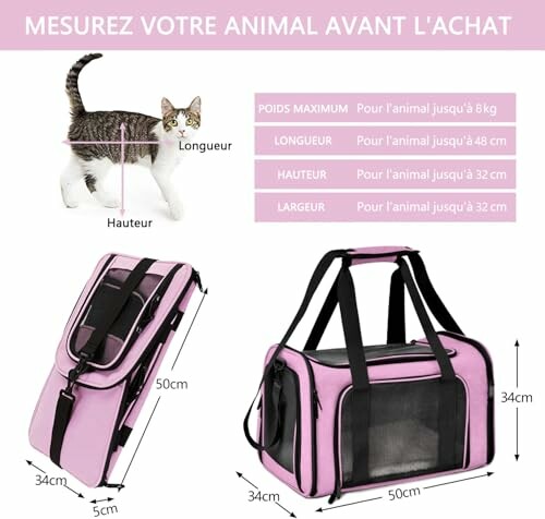 Guide de taille pour transporteur d'animaux avec chat et dimensions.