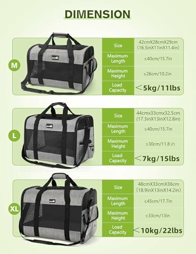 Dimensions des sacs de transport pour animaux de compagnie en trois tailles : M, L, XL.