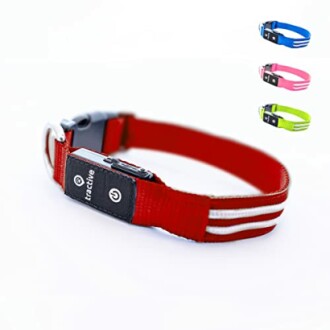 Collier GPS rouge pour animaux avec options de couleur.