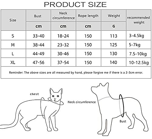 Tableau des tailles pour harnais pour animaux domestiques avec illustration de chat et chien.