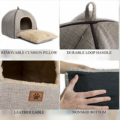 Maison pour animaux avec coussin amovible et fond antidérapant.