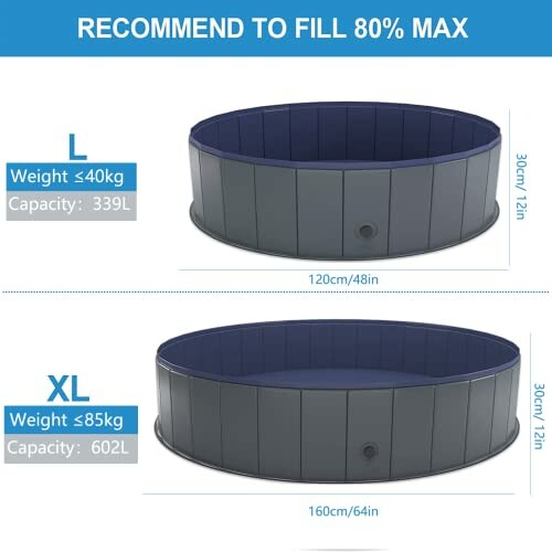 Deux piscines pour animaux de compagnie avec dimensions et capacités.