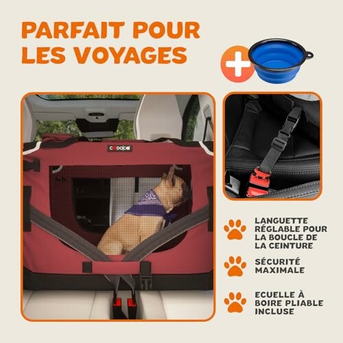 Chien dans un siège de voiture sécurisé avec équipements de voyage.