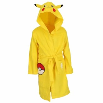 Peignoir jaune avec capuche Pikachu et motif Pokémon.