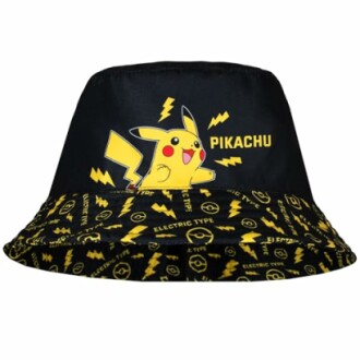Chapeau bob noir avec Pikachu et motifs électriques jaunes