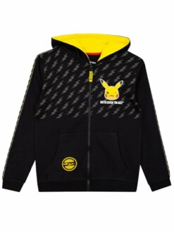 Sweat à capuche noir avec Pikachu et motifs éclairs.