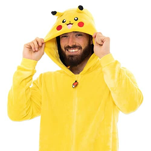 Homme portant un costume Pikachu avec capuche.