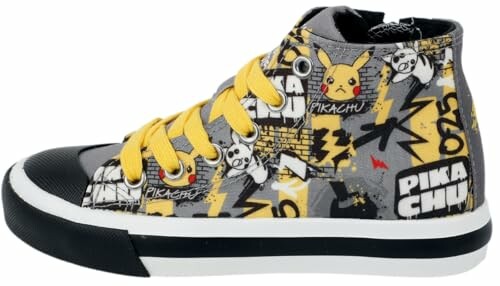 Basket montante avec motif Pikachu et lacets jaunes.