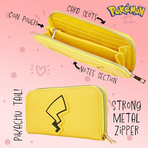 Portefeuille jaune avec design de Pikachu et fermetures éclair métalliques.