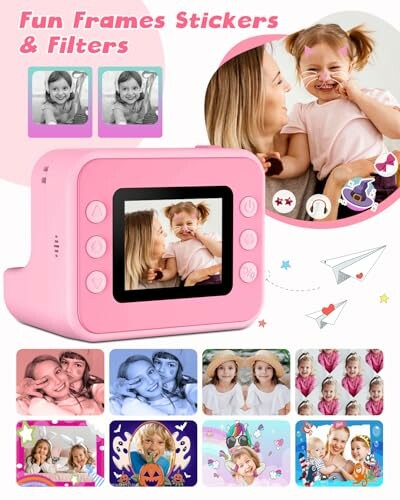 Appareil photo rose avec filtres amusants et autocollants.