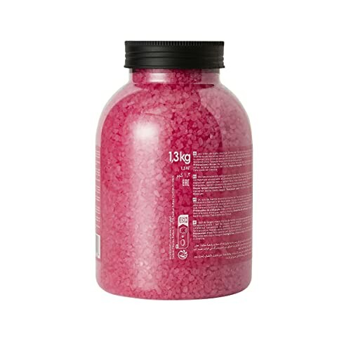 Grande bouteille de sel rose avec étiquette.