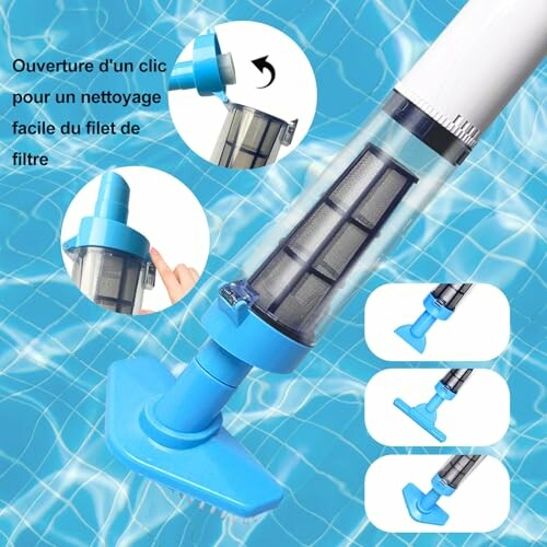 Nettoyeur de piscine avec filtre et accessoires bleus.