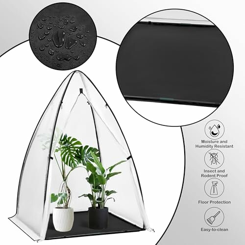 Tente de protection pour plantes avec caractéristiques d'humidité et de résistance.