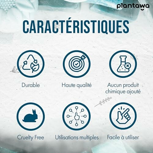 Icônes illustrant les caractéristiques du produit, comme durable et sans cruauté.
