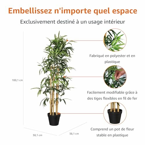 Plante artificielle en bambou pour usage intérieur, avec pot en plastique.