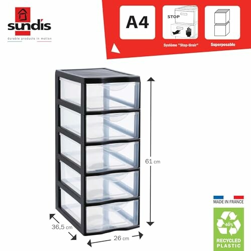 Tiroirs de rangement en plastique empilables, dimensions et fabrication française.