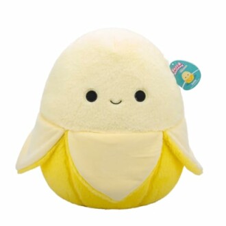 Jouet peluche banane avec visage souriant.