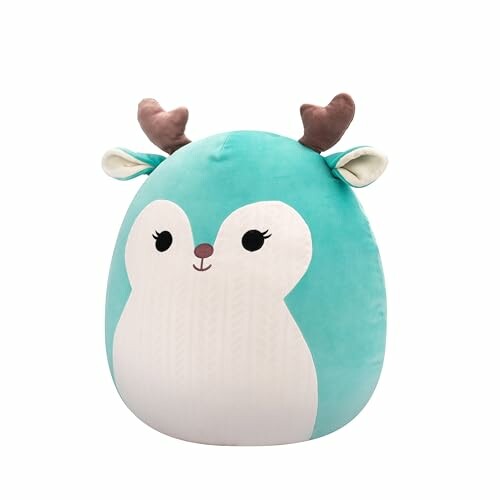 Peluche en forme de cerf turquoise et blanc avec des bois.