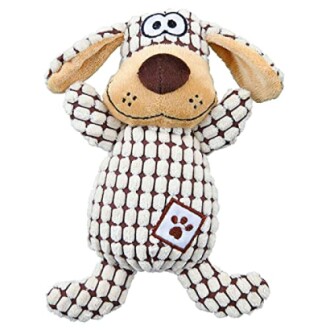 Jouet en peluche pour chien avec motif en damier.