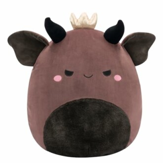 Jouet en peluche de taureau avec des cornes noires.