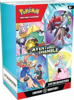 Boîte de cartes Pokémon avec plusieurs personnages et créatures.